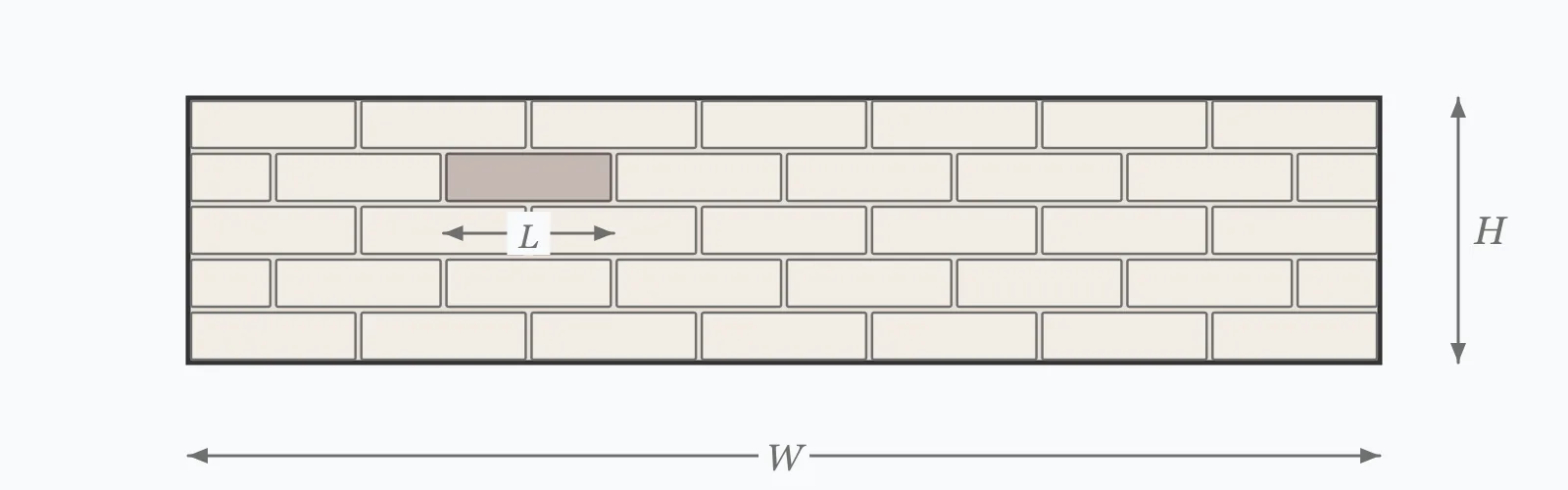 Brick wall elevation laid in stretcher bond with one brick highlighted, its module length dimensioned against the overall wall height and width