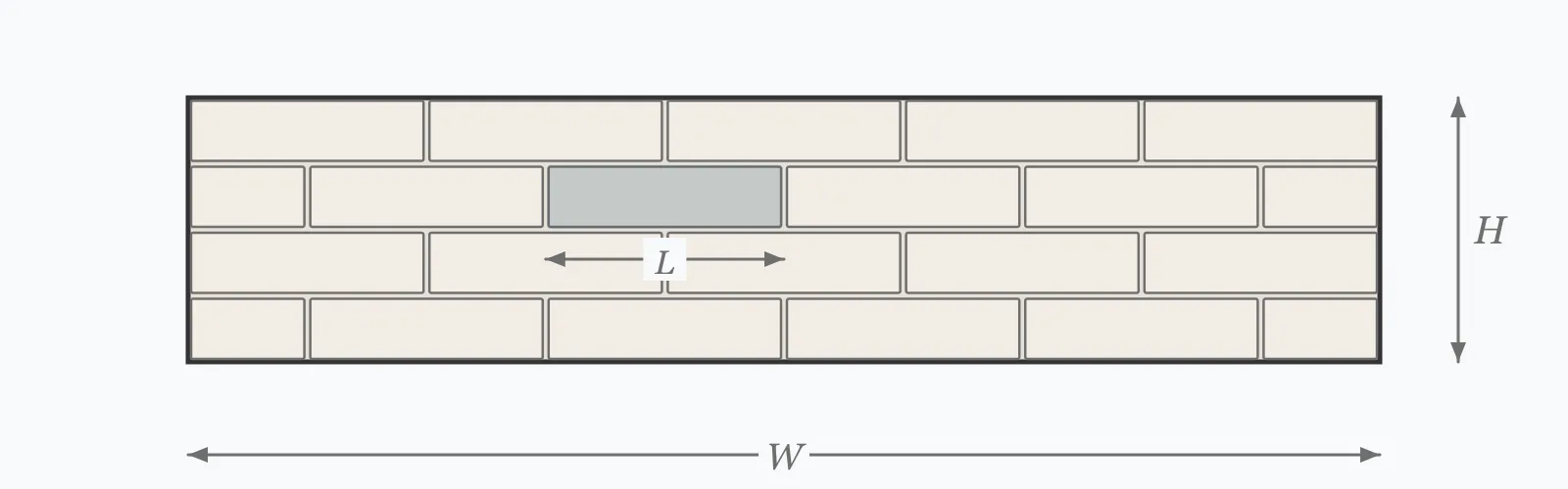 Elevation of a concrete block wall in stretcher bond, one block highlighted with its module length dimensioned against the overall wall height and width