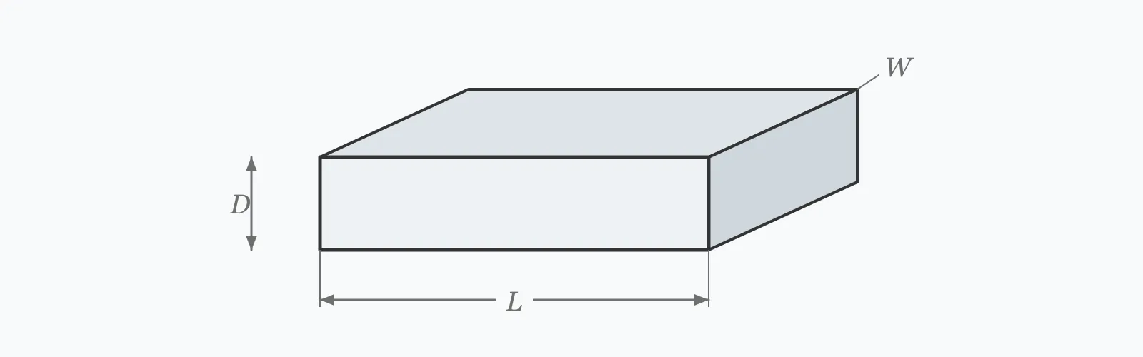 Rectangular excavation drawn in isometric projection with its length, width and dig depth dimensioned on three edges