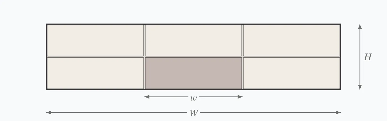 Wall elevation divided into panels with one panel highlighted, the panel width dimensioned against the total wall height and width to be coated